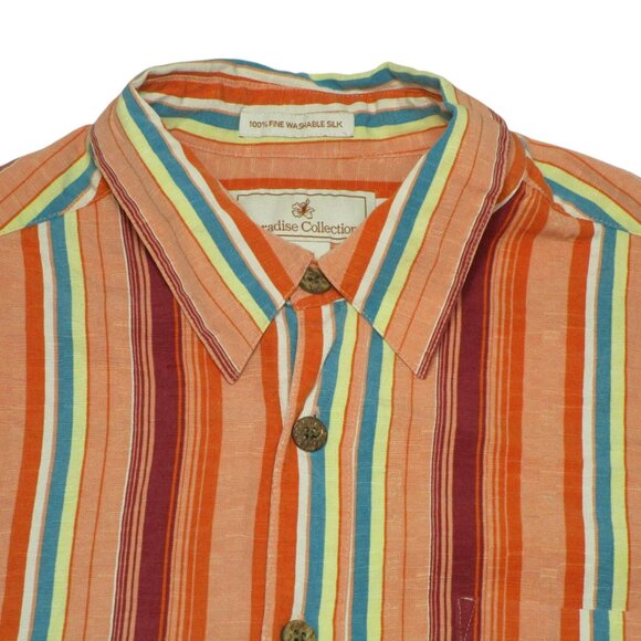 Paradise Collection Men's Size - L Orange Striped Silk Short Sleeve Button Up - Picture 1 of 5